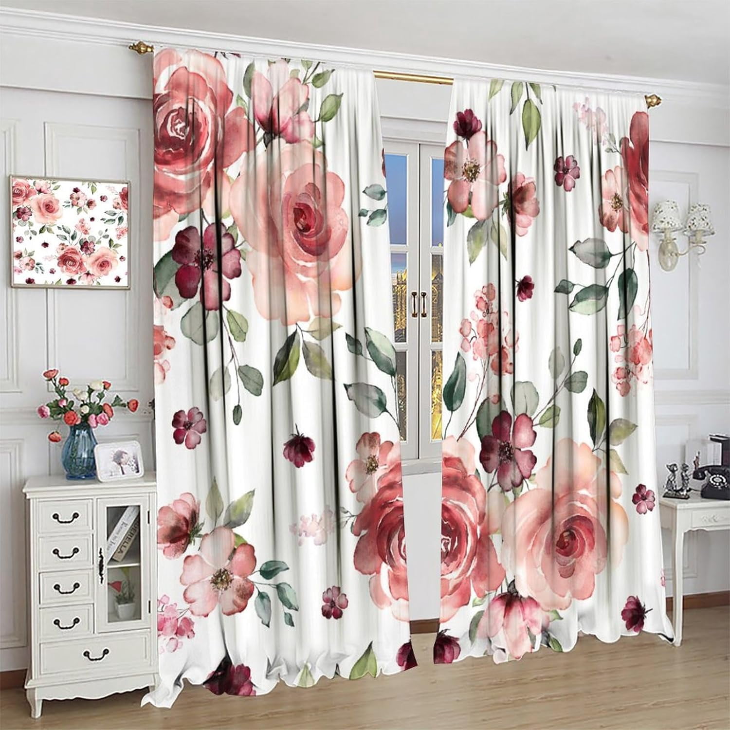 Pink Floral Curtains Rustic Watercolor Flower Leaves Natural Pattern Blackout Print Rod Pocket Window Drapes for Bedroom Living Room 42x63in