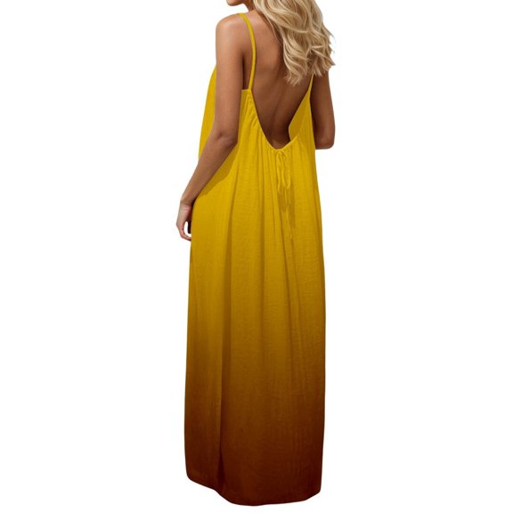 BOOMNY Women's Backless Cami Dress Spaghetti Strap Cami Lounge House Dresses Gradient Color Flowy Beach Summer Maxi Sundress
