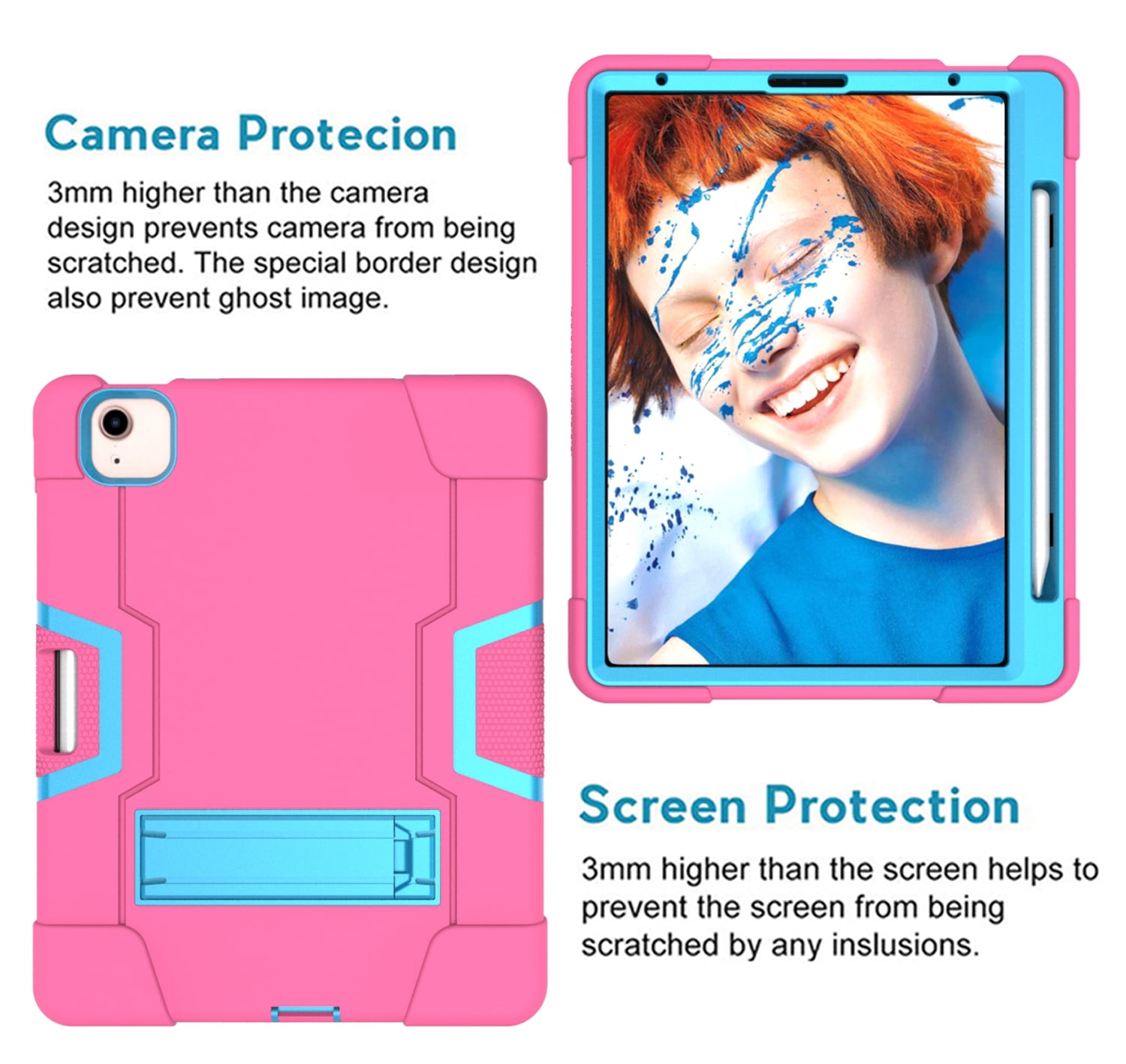 Allytech iPad Air 5 Case 2022, iPad Air 4 Case 2020, Heavy Duty Protection Shockproof Build In Kickstand Pencil Holder Kids Friendly Case for Apple iPad Air 5th 4th Generation, BlackRose/Blue