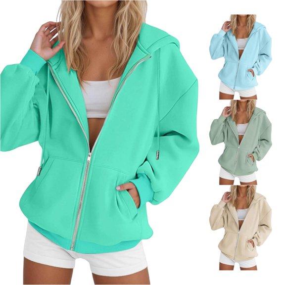 Bigetiay Women Hoodies Women's Print Casual Long Sleeved Drawstring Hooded Jacket Zipper Hooded Sweatshirt Women's Sweatshirts Green Hoodie Women, Size M