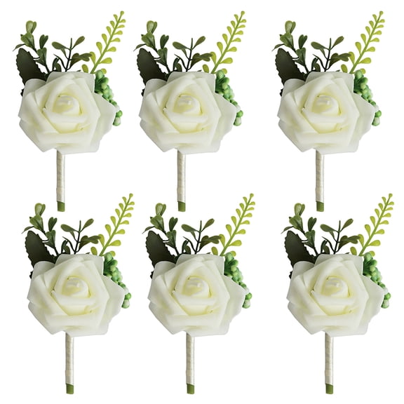6-Pack Realistic PE Rose Bridal Corsage Brooch for Wedding Party, Bride, Groomsmen, and Home Decor - Classic White & Pink