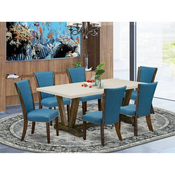 East West Furniture V-Style 7-piece Wood Dining Room Set in Linen White