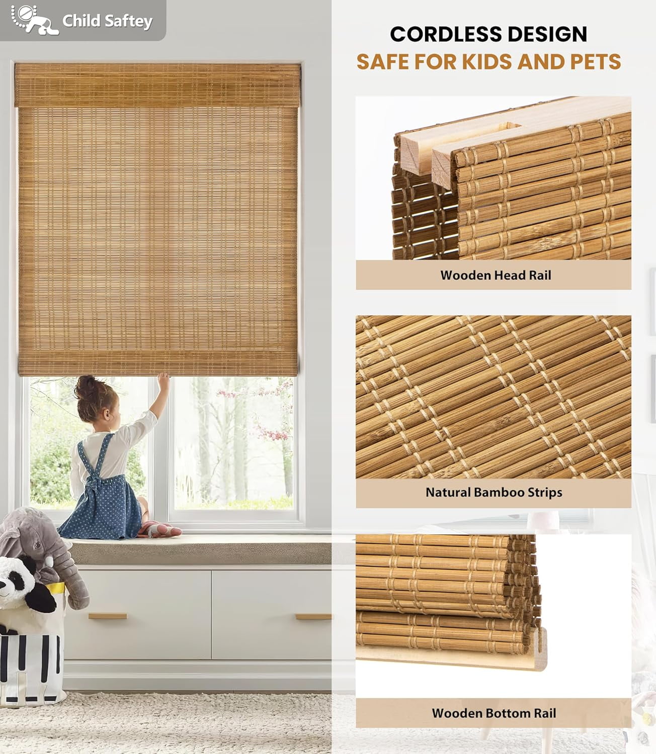 LazBlinds No Tools No Drill Cordless Bamboo Roman Shades, Light Filtering Window Treatment, Roll Up Bamboo Blinds for Window 30'' W x 64'' H, Ceylon Light Russet