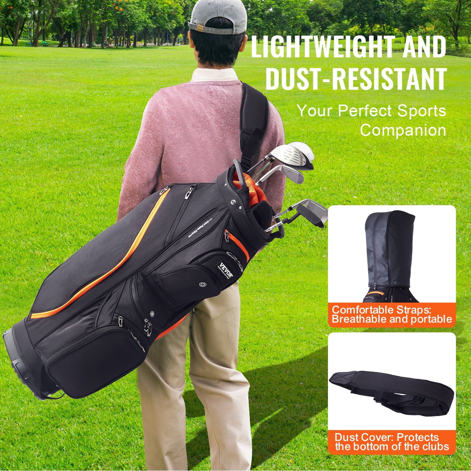 Golf Cart Bag with 14 Way Organizer Divider Top, 36' 13 Pockets Premium Cart Bag, Durable Golf Bags with Handles & Dust Cover & Detachable Straps for Men & Women, Black & Orange