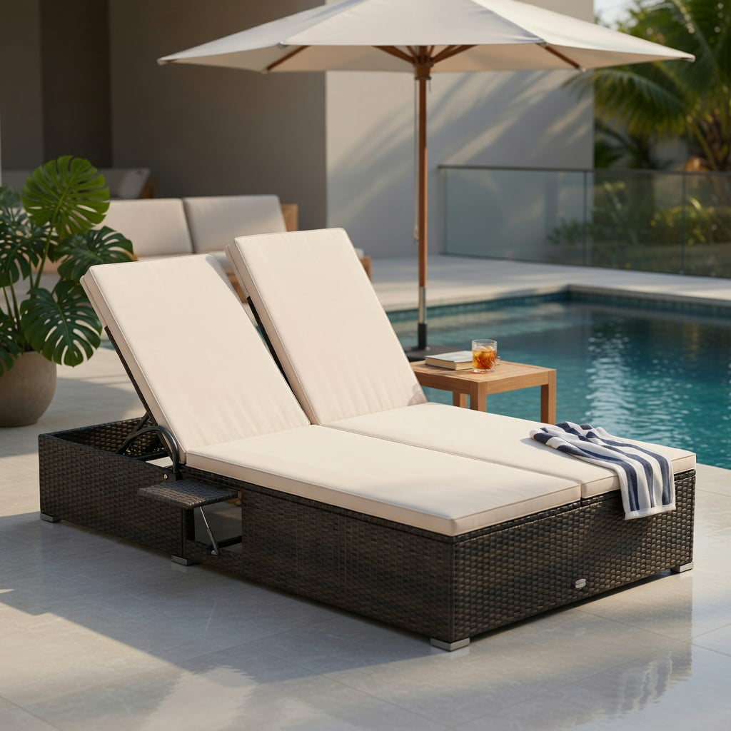 Hommoo Double Chaise Lounge with Adjustable Backrest, Retractable Canopy & Folding Side Tables, PE Rattan Patio Lounger for Backyard, Poolside & Deck, Brown