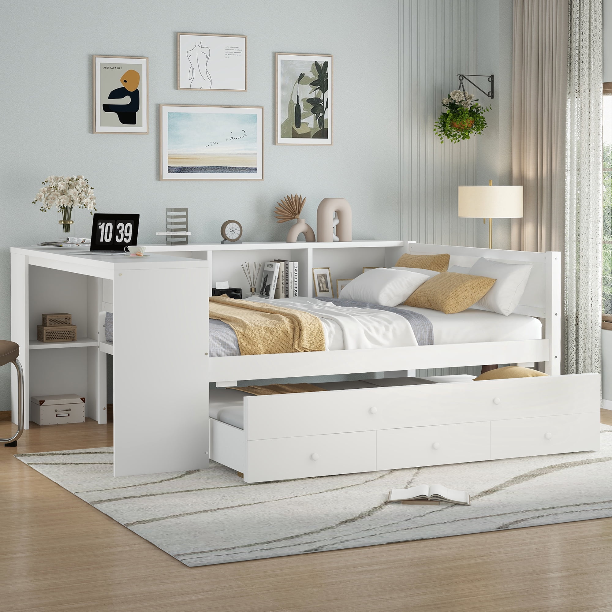 Mintazer Full Wood Platform Bed with Desk & Trundle, Multifunctional Storage Daybed with 5 Side Shelves & 3 Drawers for Bedrooms Guest Rooms for Teens Kids, White