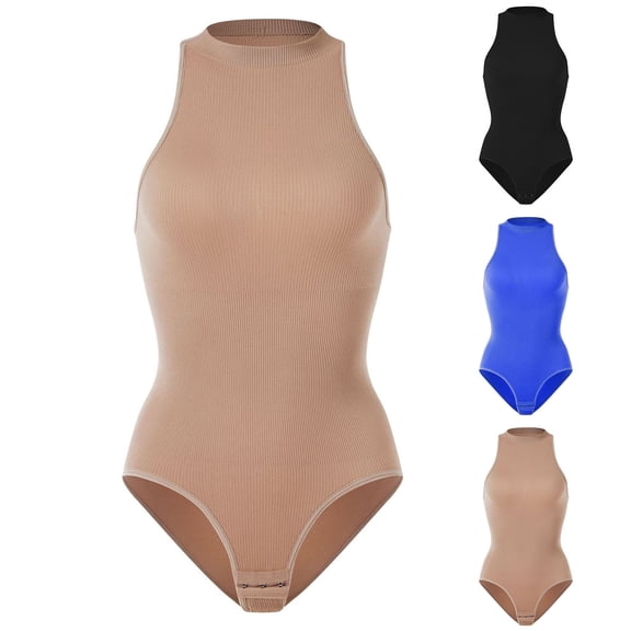 Feancey Shaperwear for Women Tummy Control Bodysuit Mock Neck Sleeveless One Piece Thong Body Shaper Stretchy Slim Rompers Blue XL