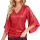 thumbnail image 1 of Blusa de fiesta con lentejuelas y mangas 3/4 para mujer: cuello en V, corte ajustado, material de poliéster, tallas S-XXL, ideal para eventos nocturnos., 1 of 5