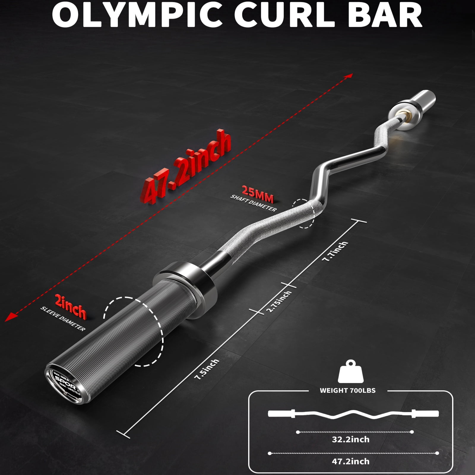 JoanKaren EZ Curl Bar 700 lb Capacity for 2 Inch Weight Plates 47 Inch 1 Pack,Silver