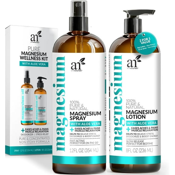 ArtNaturals Magnesium Oil Spray and Lotion Duo Set for Better Sleep, Relaxation, Muscle Health, Leg Joint Care, 12 fl oz | 8 fl oz