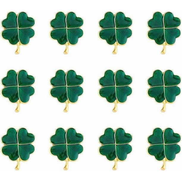 12 broches de trébol de cuatro hojas verde oscuro para el Día de San Patricio. Broches de metal esmaltado con tachuelas de trébol, símbolo de la suerte irlandesa. Adorno para vestidos.
