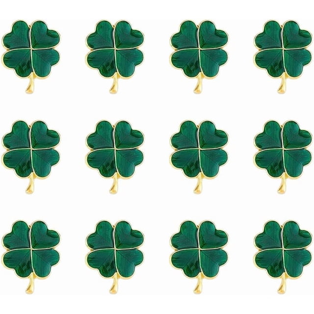 12 broches de trébol de cuatro hojas verde oscuro para el Día de San Patricio. Broches de metal esmaltado con tachuelas de trébol, símbolo de la suerte irlandesa. Adorno para vestidos.