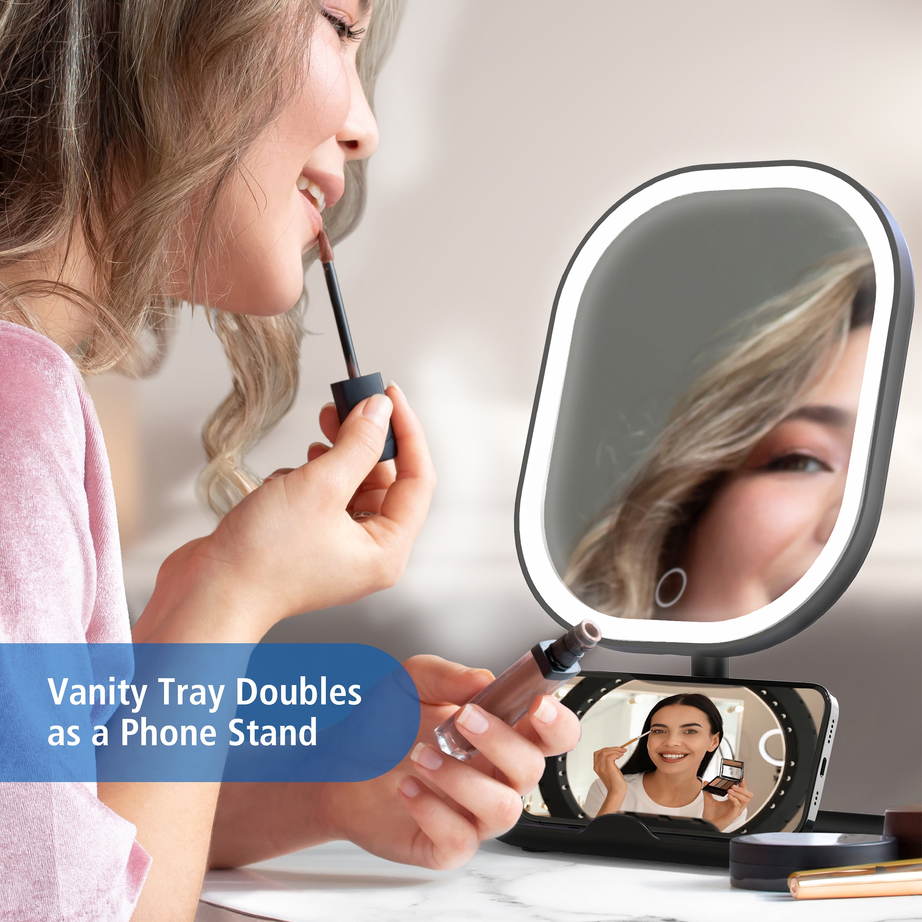 Mainstays LED Makeup Mirror, Rechargeable Vanity Mirror with Lights and Storage Tray Base, Black