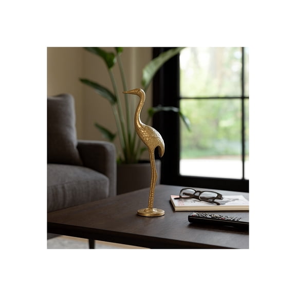 Decorative Metal Standing Crane Sculpture for Home Decor - Elegant Ornaments for Bathroom, Office, Room & Living Room Styling - Modern Figurine for Shelf & Coffee Table Display - 16", Gold & Metallic