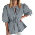 thumbnail image 2 of YHAJDS Summer Tops Blouses Striped Front Round Neck Puff Sleeve Blouse Casual Spring Top, 2 of 5