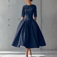 thumbnail image 2 of Robes Trapèze pour Femmes Manches 3/4 Col Ras du Cou Robes Plissées Été Robe Maxi Décontractée, S, 2 of 4