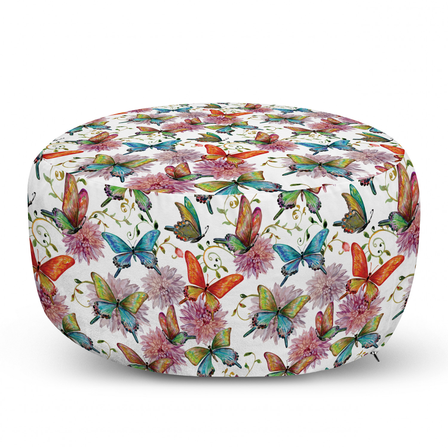 Butterfly Ottoman Pouf, Flying Butterflies with Floral Elements Vivid