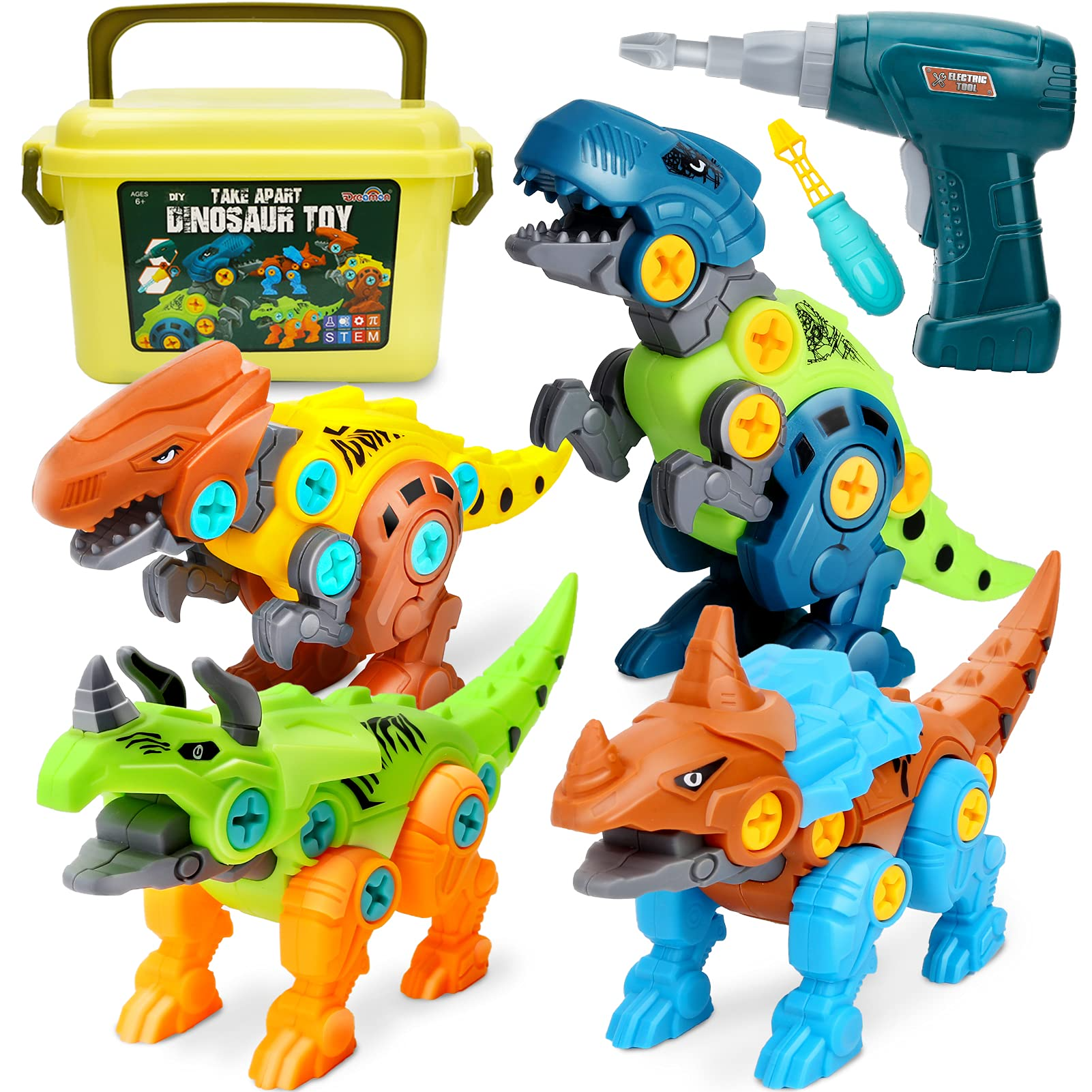 Construction Play Kit Take Apart Toys with Electric Drill VNVDFLM 3 Pcs Take Apart Dinosaur Toys for Kids Age 3 4 5 6 7 L-r3, Red, Green, Brown Building Toy Set Learning Gifts for Boys and Girls