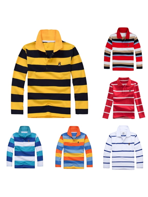 Boys Polo Shirt Long Sleeve Collared Button Placket Rugby Stripe Print Casual Tops for Everyday Wear