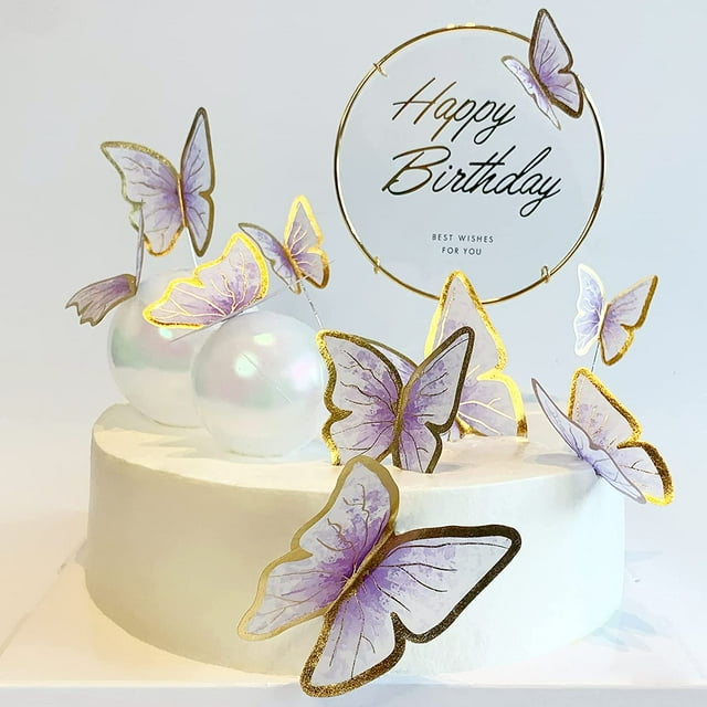11 piezas de adornos para tartas de mariposa morada, feliz cumpleaños, G metálico