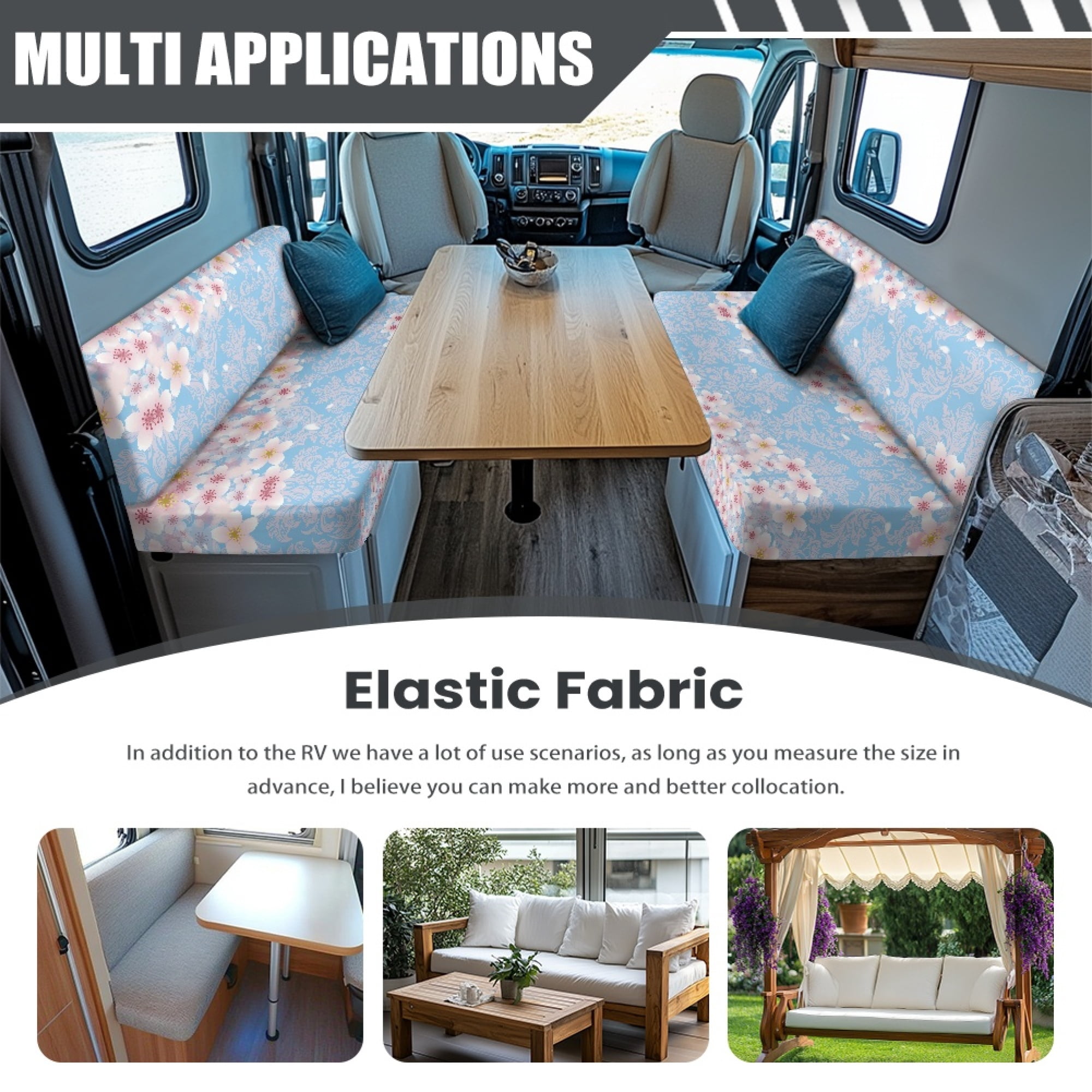 Yuyamidu Cherry Blossom RV Dinette Cushion Covers 2 PCS Stretch Camper Cushion Slipcover Include 1 Bench Cover 1 Backrest Cover Blue RV Accessories Decoration