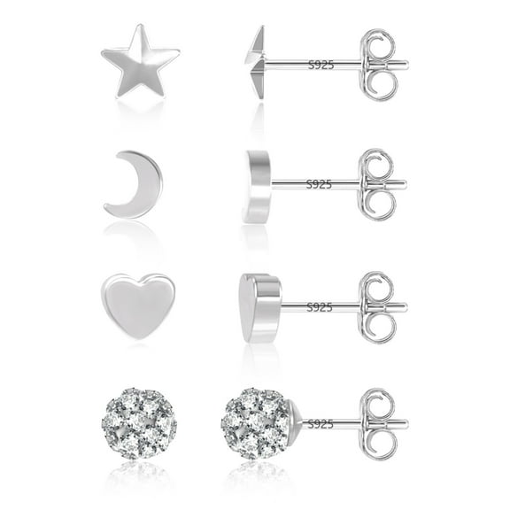 Lancharmed Silver Plated Stud Earrings,Stud 4 Pairs Moon Zircon Round Ball Love Pentagrams Earring Gifts for Women Under 10 Dollars