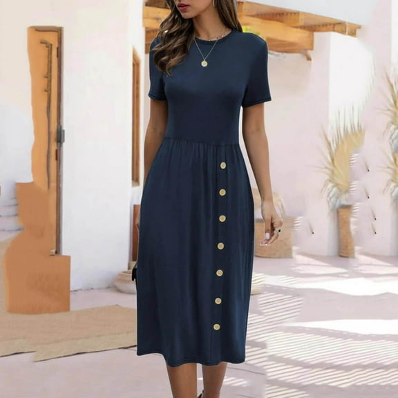 Guzom Sweater Dresses for Women- Knitted Crew Neck with Buttons Fashion Fall and Winter Short Sleeve Midi Dresses Navy Size M