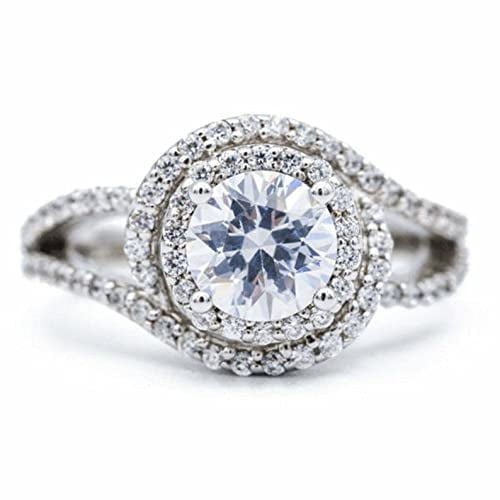 HeartsAndYou 2.5ct Round Moissanite Engagement Ring for Women Split Shank Swirl Halo 18k White Gold over Silver