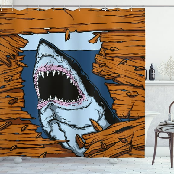 Ambesonne Shark Shower Curtain, Wild Fish Wooden Plank, 69"Wx70"L, Ginger Dark Blue