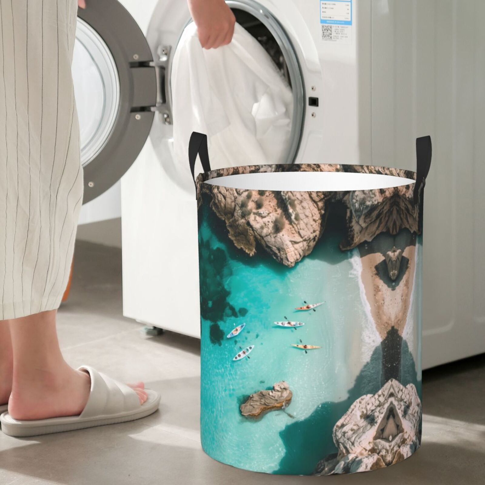 Large Laundry Basket with Handles - Turquoise Beach Kayaking Kids Baby Dirty Clothes Laundry Hamper for Bedroom Aesthetic