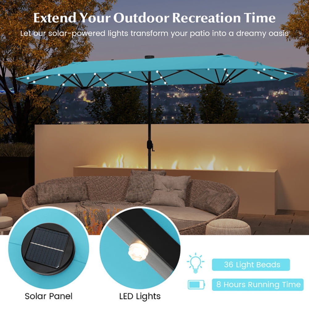 Yardi Yarda 13FT Double-sided Patio Umbrella with Solar Lights for Garden Pool Backyard-Turquoise