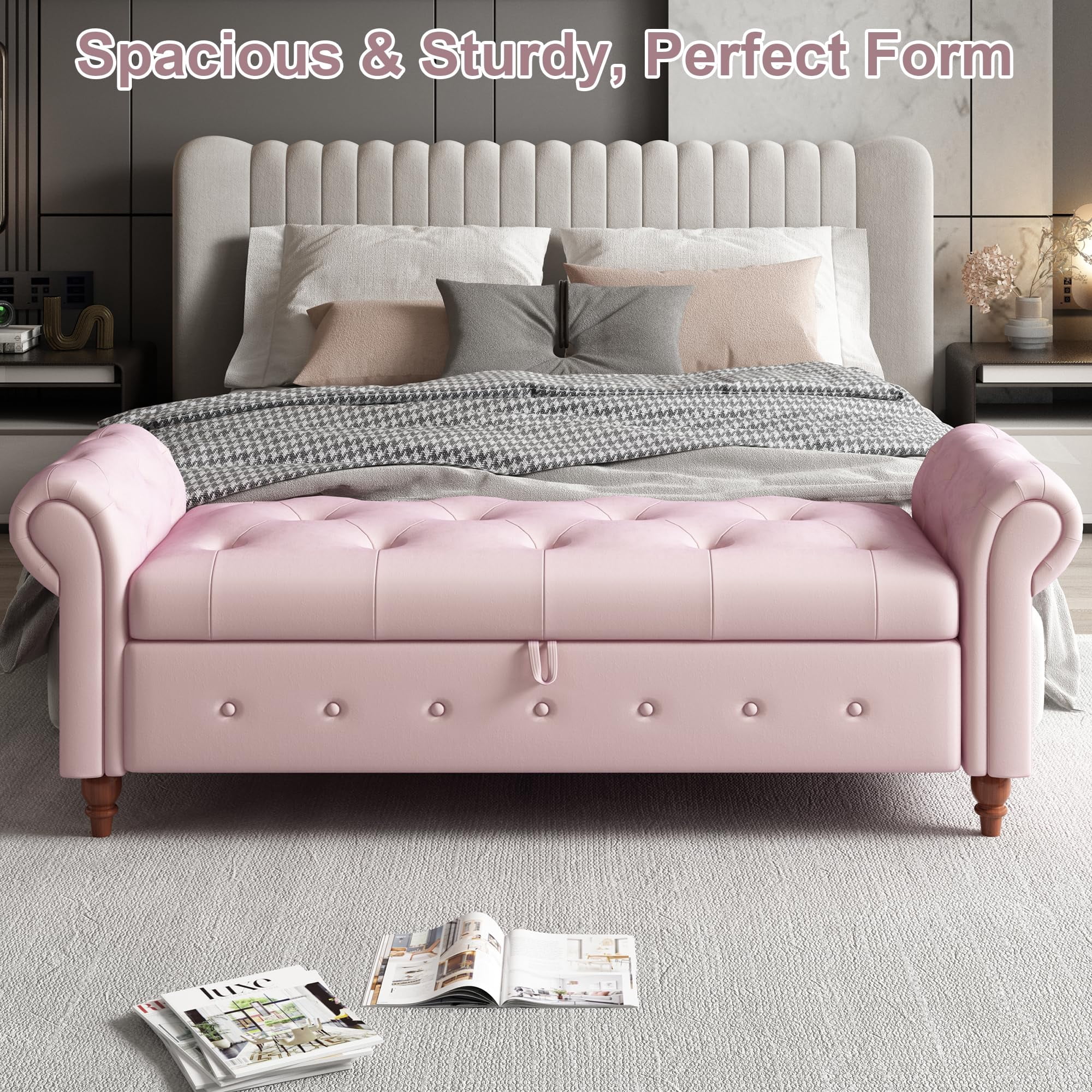 Tmsan 63" Modern Storage Ottoman Bench, Bedroom End of Bed Upholstered Benches, Window Footrest Stool,for Living Room, Entryway, Pink (Velvet)