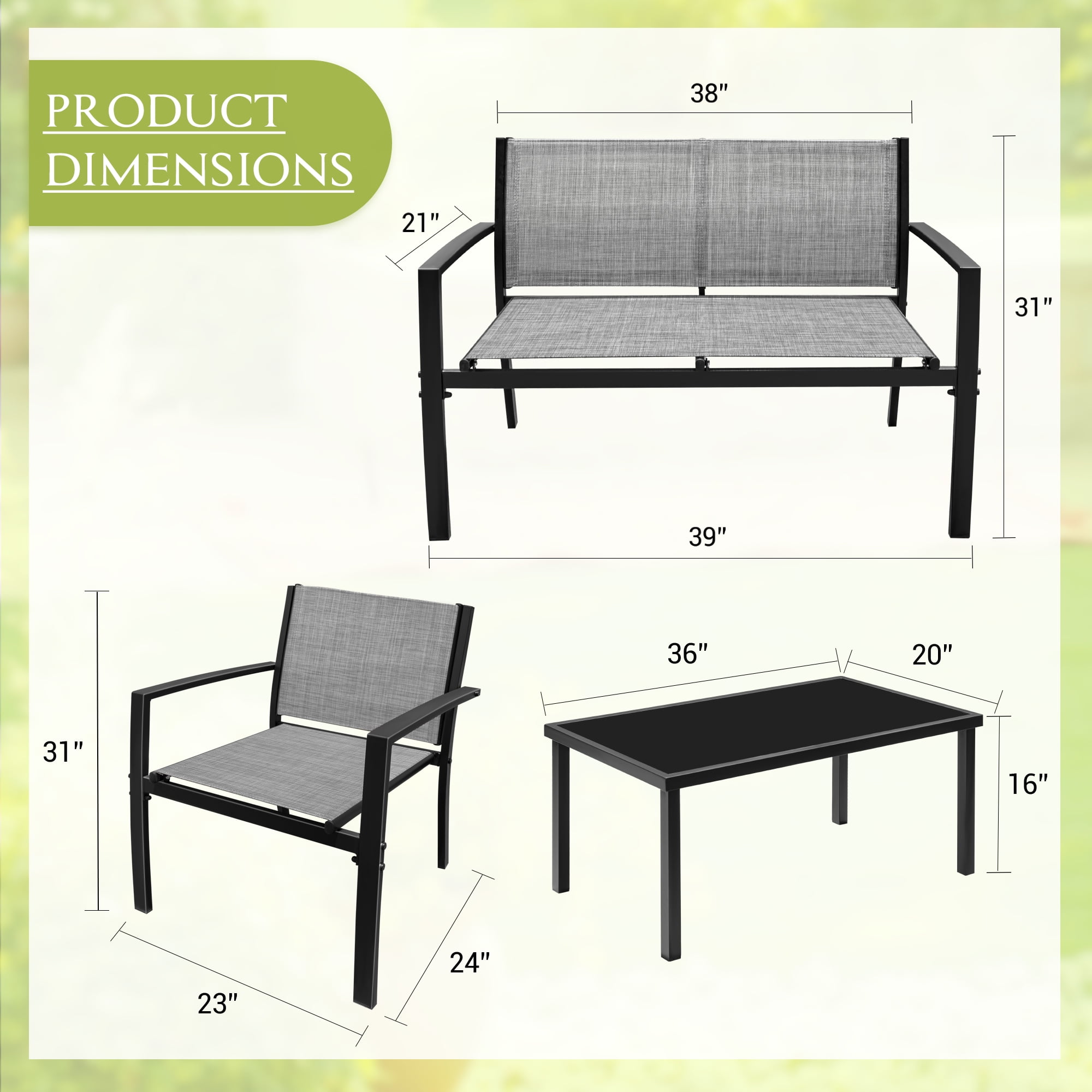 LACOO 4 Pieces Outdoor Furniture Set Patio Textilene Steel Conversation Set with Loveseat Tea Table for Lawn and Balcony, Gray