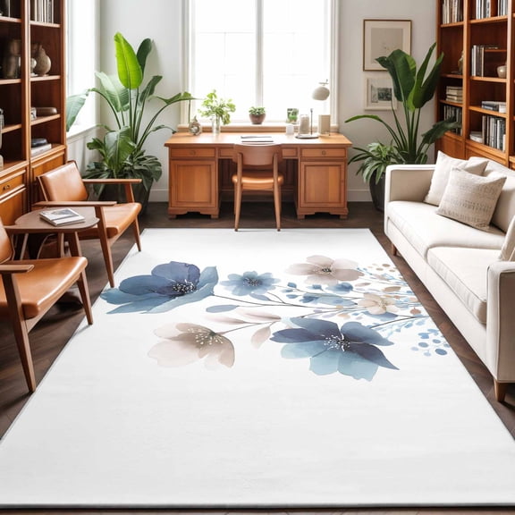 Area Rugs 5'x7', Navy Blue Floral Carpet Runner Indoor Outdoor Rugs Home Decor Aesthetic, Watercolor Flowers Farmhouse Non Slip Mats Washable Accent Rug for Living Room Bedroom