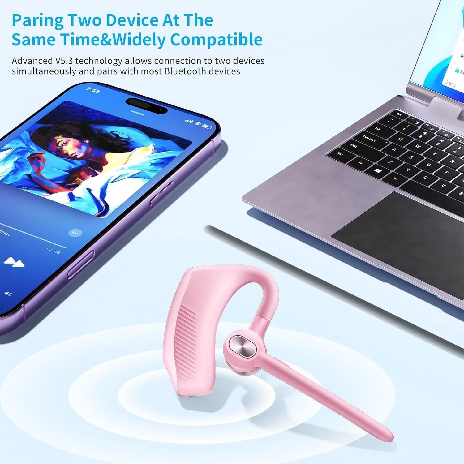Single Ear Bluetooth Headset, 180H Playtime, 1000mAh Wireless Charging Case, LED Display, Handsfree Mic for Cellphone PC, Trucker Work Game