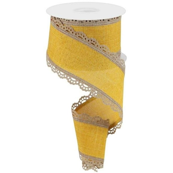 Scallop Edge Royal Wired Ribbon, 2.5 Inches x 10 Yards, Burlap, Mustard Yellow with Tan Lace