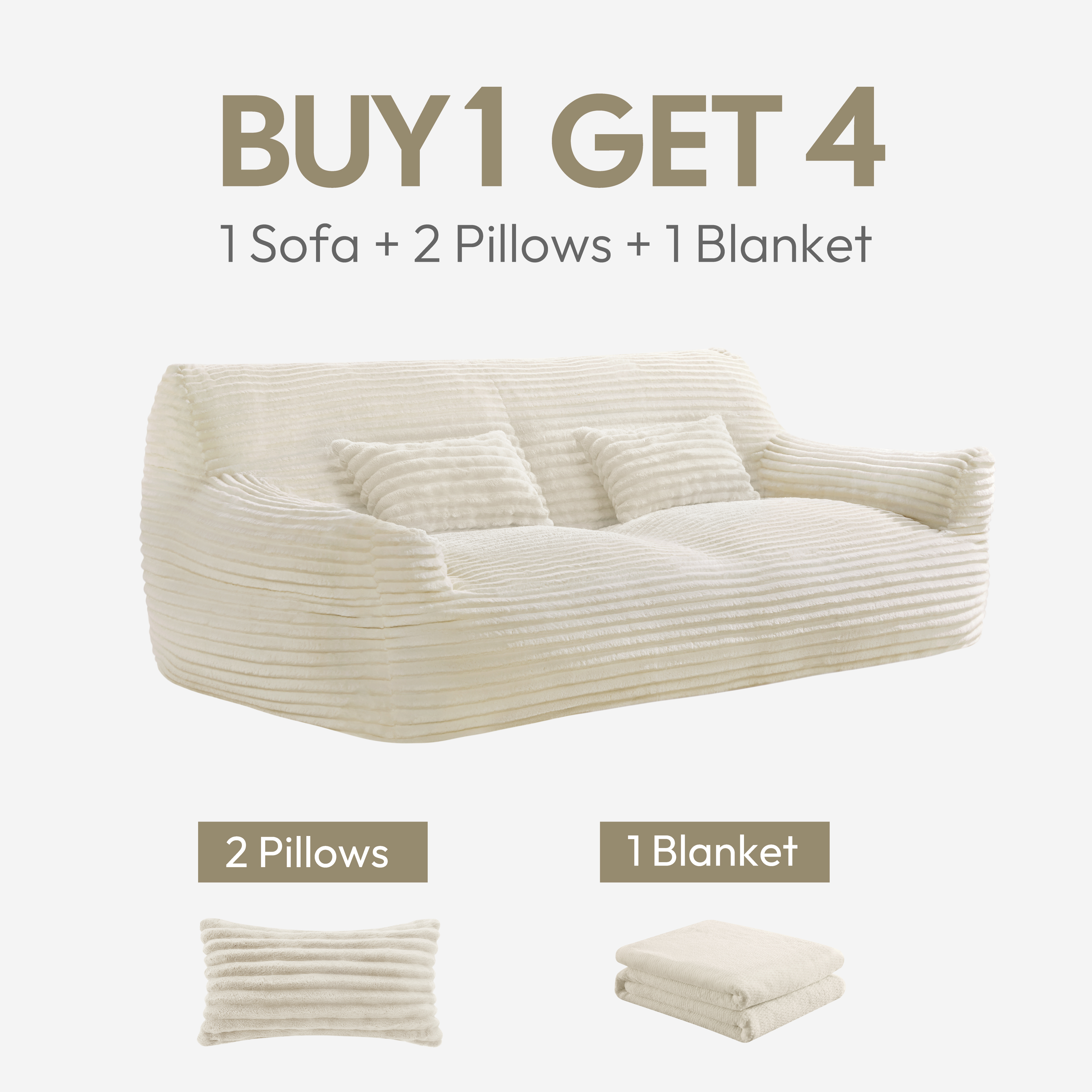 Spruce & Spring Ultra-Plush Fleece Lazy Sofa with Pillow & Blanket, Cozy Bean Bag Loveseat for Living Room & Bedroom, Ivory