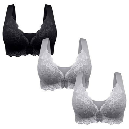 LFEOOST 3 Pack Plus Size Bras for Women Front Closure Wireless Full Coverage Bralettes Breathable Lace Seamless T Shirt Bra Black XXXXL