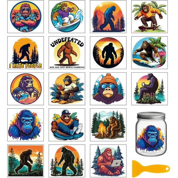 18 Sheets Summer Sasquatch Rub on Transfer 3.9x3.6inch Colorful Vase Home Decals Setting Sun Cup Transfer Stickers for Furniture Vase Glass Art Crafts Decorations