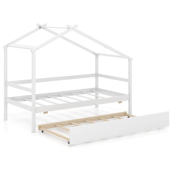 Infans Twin House Bed with Trundle with Roof and Fence Rails Wooden Platform Bed Frame