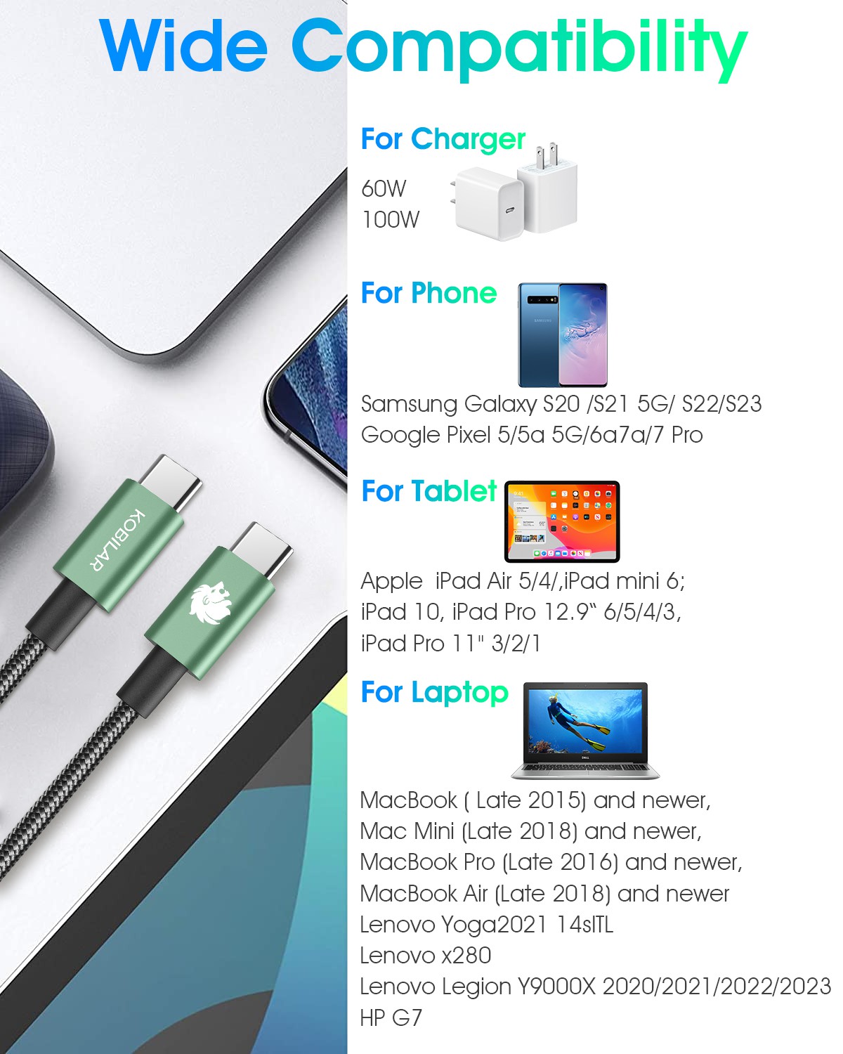 KOBILAR 240W Type C to Type C Fast Charging Cable - for iPhone 16, MacBook Pro, iPad Pro-5pack(1.5ft)