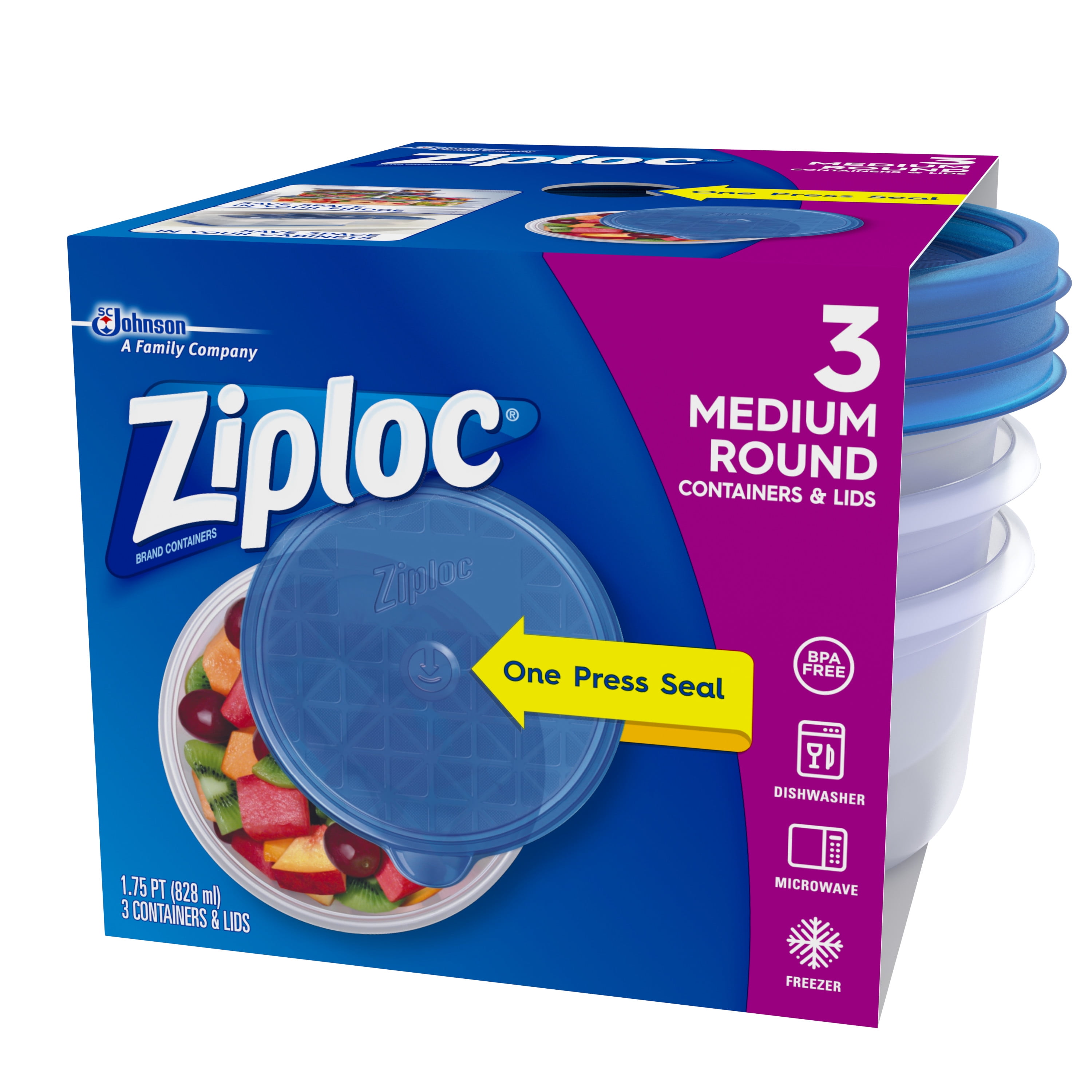 Ziploc® Brand, Food Storage Containers with Lids, One Press Seal, Medium  Round, 3 ct, Plastic Bags