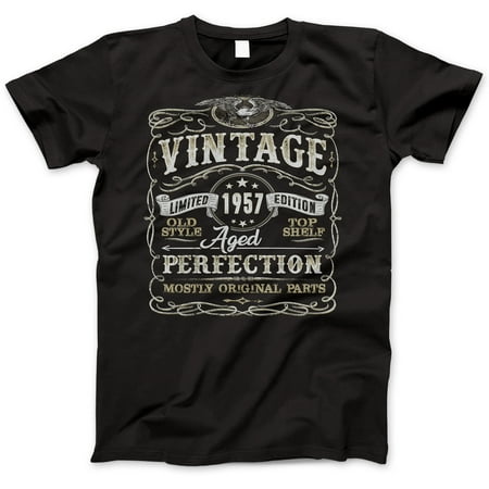 62nd Birthday Gift T-Shirt - Born In 1957 - Vintage Aged 62 Years Perfection - Short Sleeve - Mens - Black T Shirt - (2019 Version)