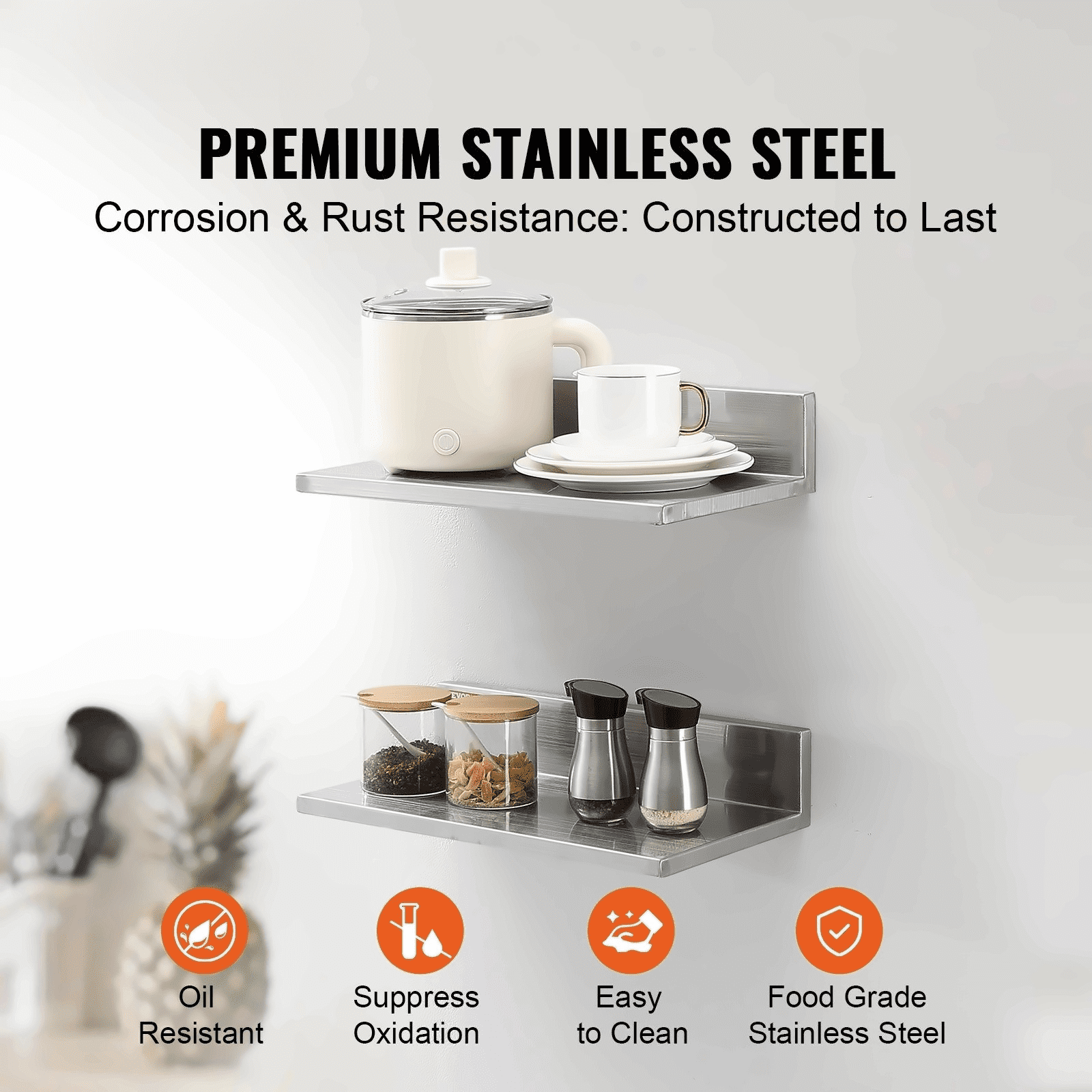 Stainless Steel Shelf 8.6x16 inch, Wall Mounted Floating Shelves with Backsplash - 44lbs Capacity - Restaurant, Bar, Home Storage (2 Pack)