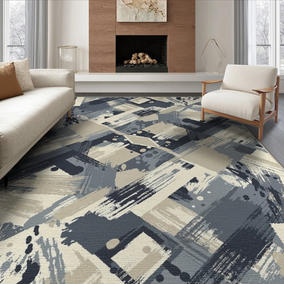 ODIKA 8'x10' Washable Area Rug Pvc Painterly Bottom Featuring Asymmetrical Geometric Splicing for Living Room, Under Sectional, Family , Durable, Non-Slip