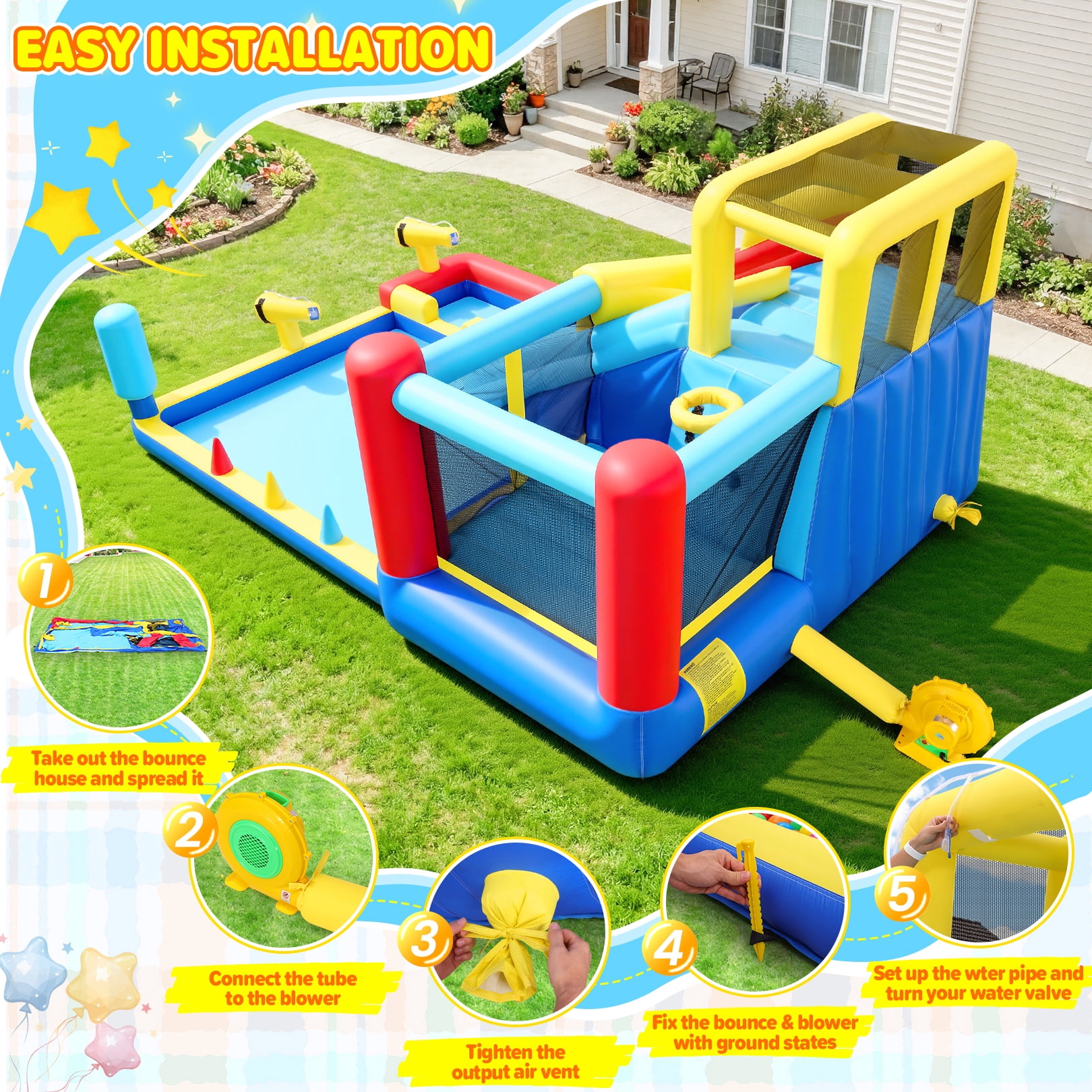 Qhomic Inflatable Water Slide with Blower, 10-in-1 Bounce House with 2 Slides, Jumping Zone, Climbing Wall, Ball Pit and 2 Water Cannons, Water Park for Kids Backyard