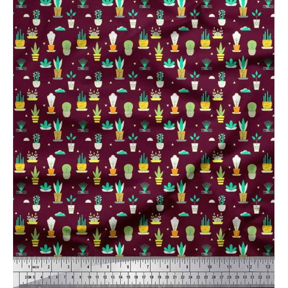 Soimoi Satin Silk Fabric Triangle,Pot & Cactus Tree Print Fabric by The Yard 42 Inch Wide