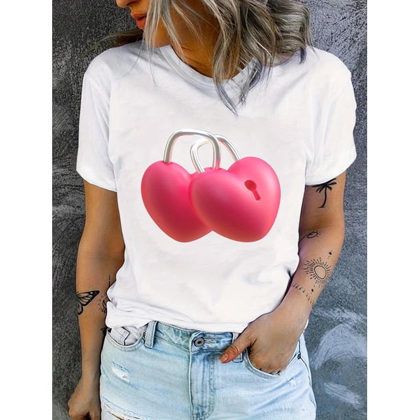 Valentine'S Day Heart Lock Printed Stylish And Fun Short-Sleeve Polyester Holiday Casual Loose Regular Fit T-Shirt for Women in Plus Sizes for Spring And Summer For Adult, Men, Women, Teen, Teenager,