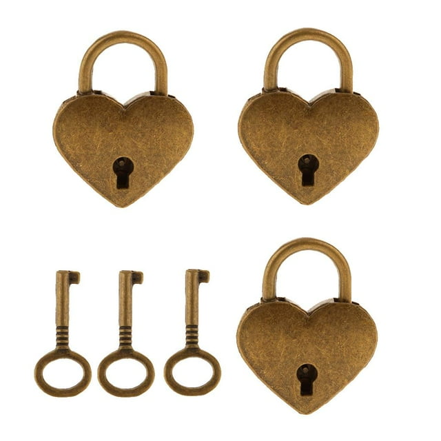 Almencla 3pcs Vintage Heart Shape Padlock w/ Key Suitcase Lock Set - Antique Brass M