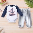 thumbnail image 2 of OBEEII 1st Birthday Boys Outfits Long Sleeve Printed Romper and Striped Pants Set 1 Years Old Birthday Casual Clothes, 2 of 9